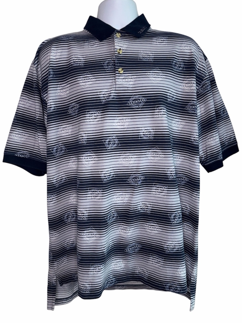 VINTAGE TABASCO Blue Gray Striped Polo Golf Shirt Short Sleeve Watermark Logo XL